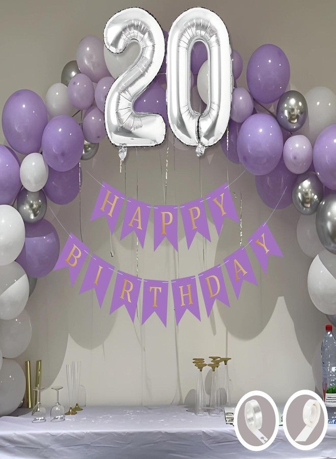 Flyloons 20th Birthday Decoration Items Purple and White Theme Combination for Boys Girls | 30 Pcs Purple White Silver Color Balloons | Purple Happy Birthday Banner | Arch Tape | Glue Dots - Image 1